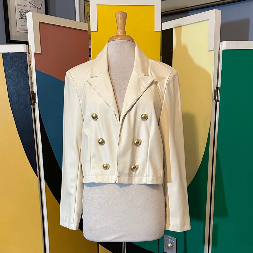 Bagatelle Cream Double-Breasted Women's Vegan Leather Jacket